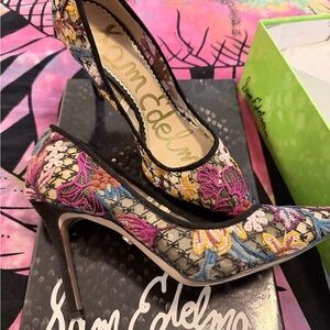 Sam Edelman Floral Embroidered Heels - Black and Multicolor
